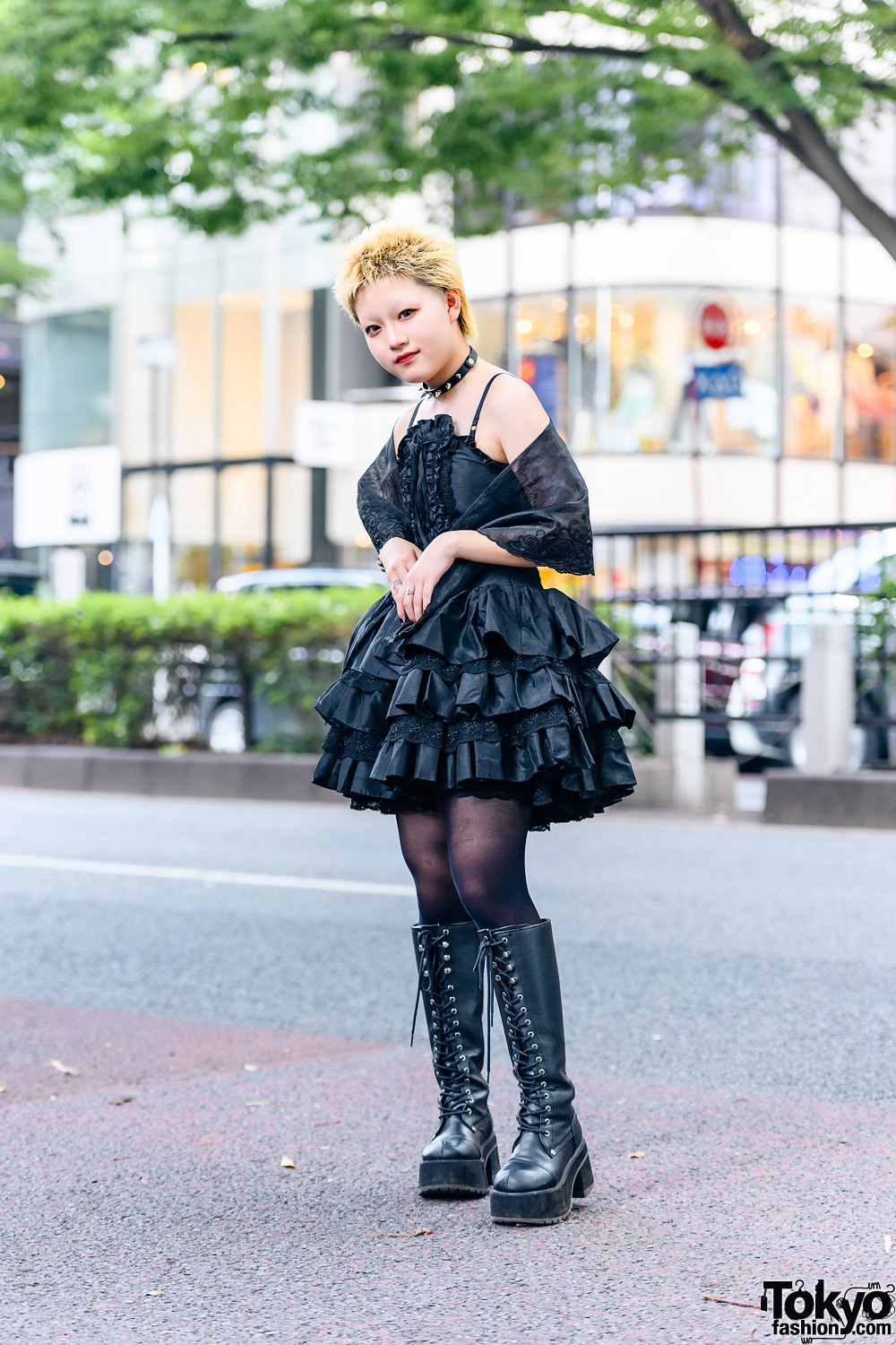 Gothic Grunge Tokyo Style w/ Cropped Hair, Spiked Choker, Tiered Corset  Dress, Organza Shawl, Sheer Stockings & Demonia Knee-High Boots – Tokyo  Fashion