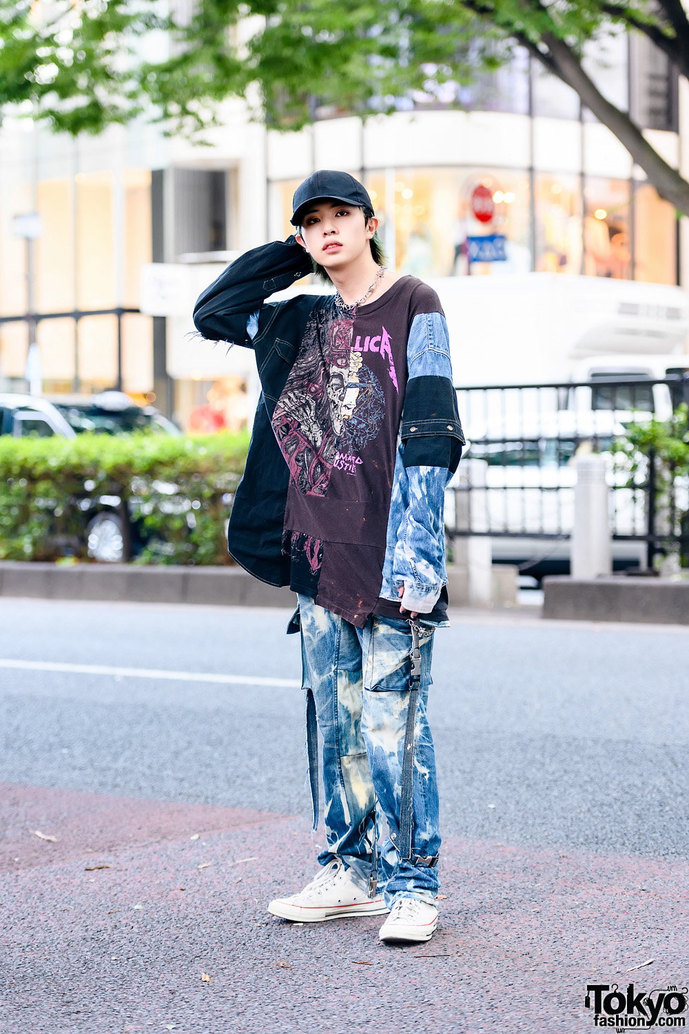 Male Model Cote Mer Fashion w/ Black Cap, Face Mask, Cote Mer Metallica Patchwork Shirt, Cote Mer Jeans, Converse Sneakers & Barbed Wire Necklace