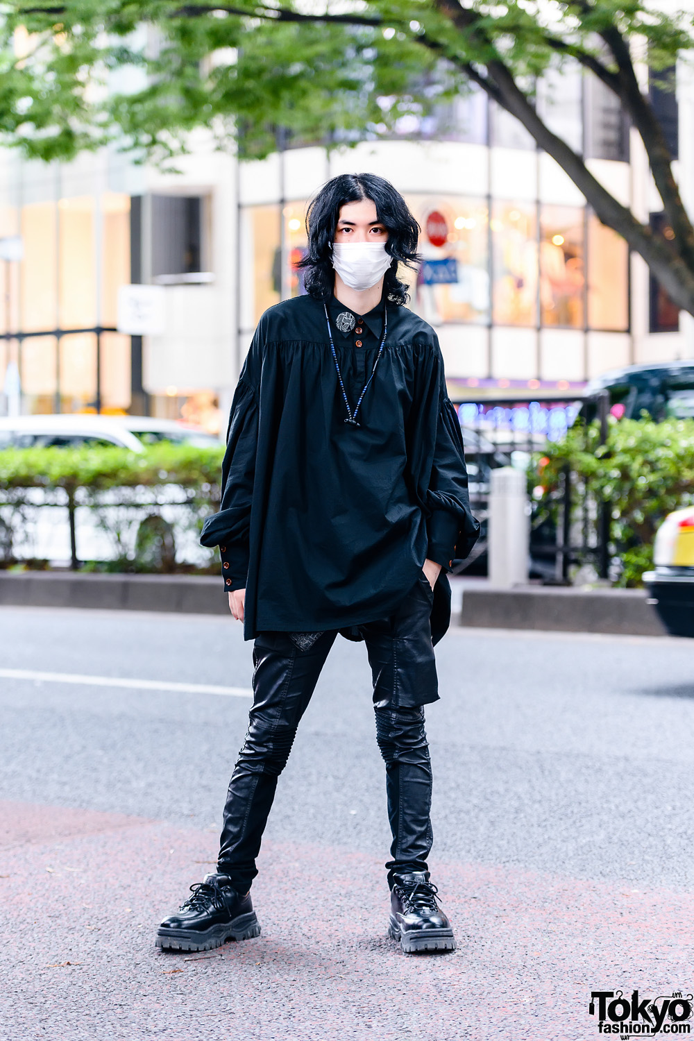 Japanese Stylist's All Black Street Style w/ Face Mask, Sacai x Beats Earphones, Christopher Nemeth Smock Top, Rick Owens Memphis Leather Trousers & Eytys Leather Shoes