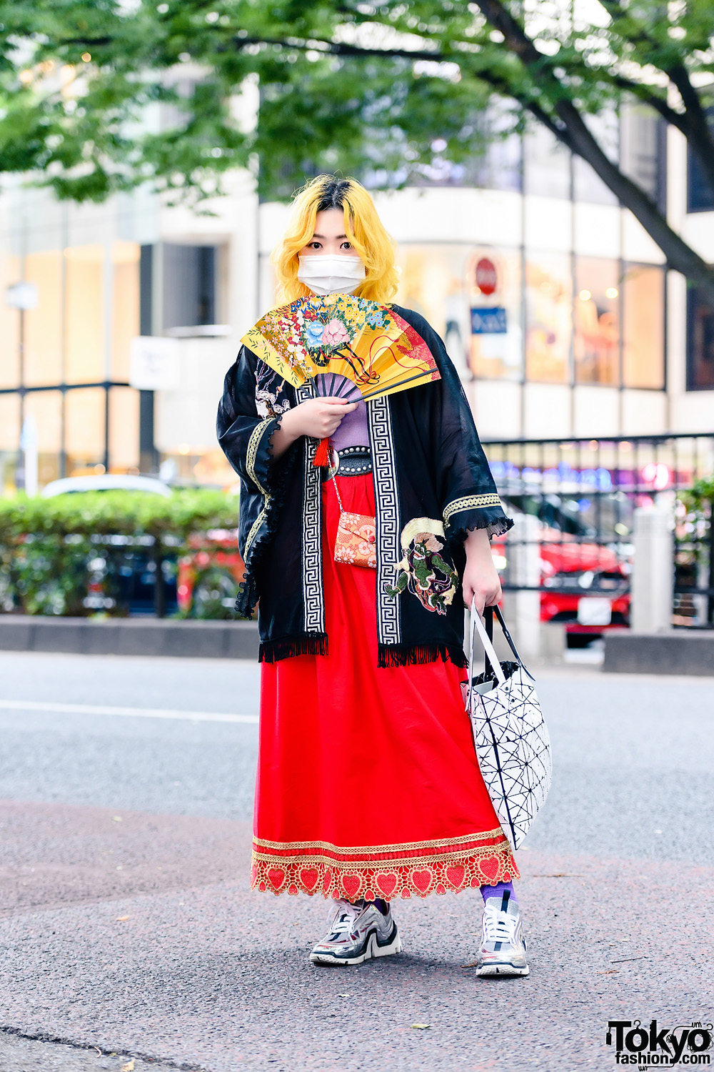 Sushi Shop Staffer's Eclectic Street Style w/ Yellow Hair, Painted Fan, Remake Kimono, Handmade Maxi Skirt, Resale Fashion, Issey Miyake Bao Bao Bag & Pierre Hardy Vibe Sneakers