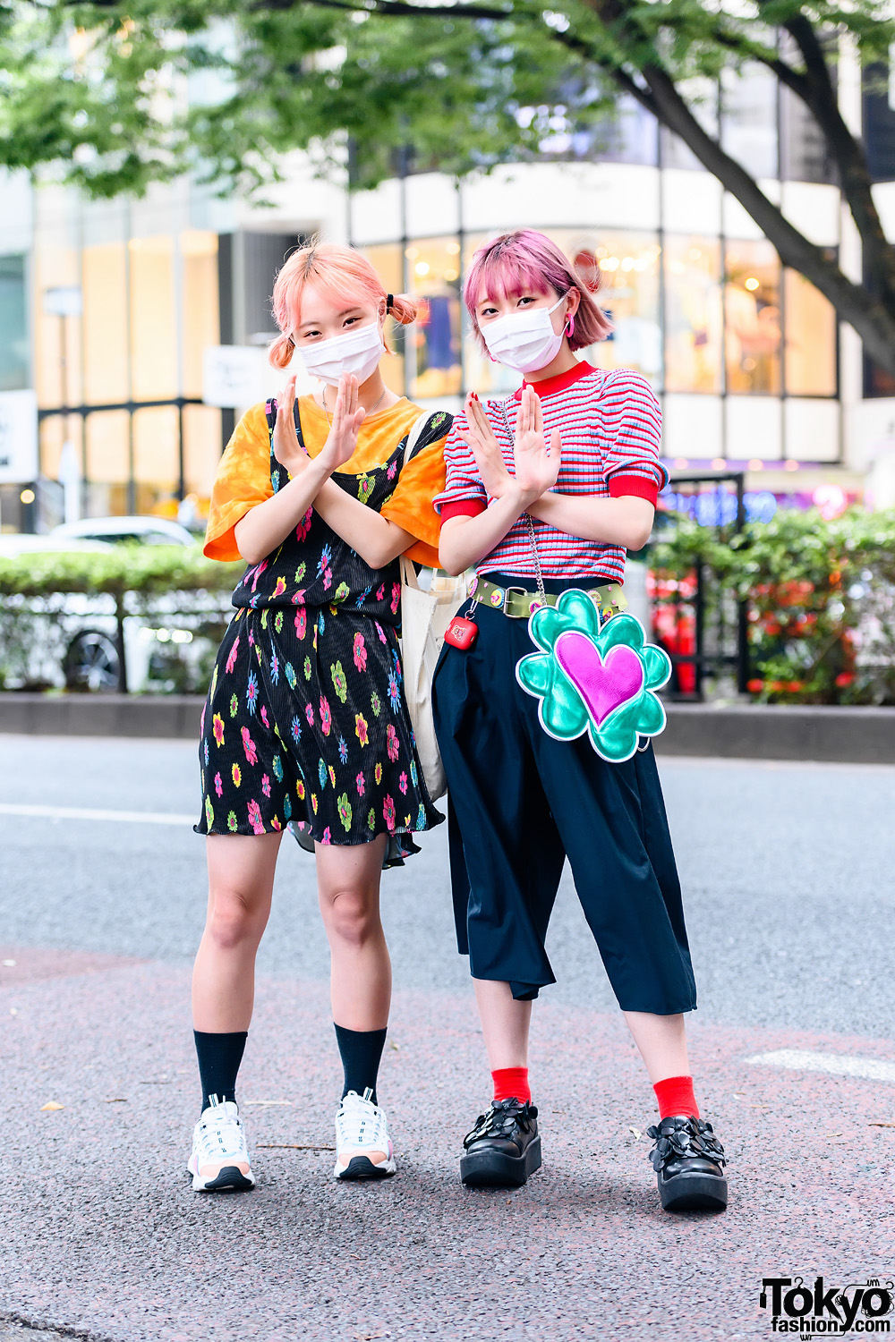 Japanese Fashion College Students w/ Peach Twin Buns, Pink Fringed Bob, Bottle Cap Belt, Floral Print Dress, Jouetie, Culotte Pants, Peco Club, Tokyo Bopper, Skechers & Clover Heart Bag