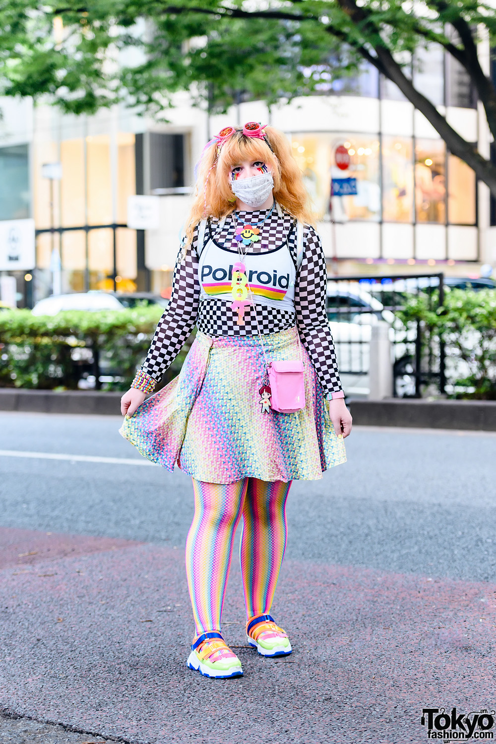Kawaii Rainbow Streetwear Style w/ Cyber Hair Falls, Dripping Rainbow Eye Makeup, Perler Bead Necklace, Polaroid Cropped Top, Rainbow Fishnets, Current Mood Butterfly Backpack & Yoki Sneakers