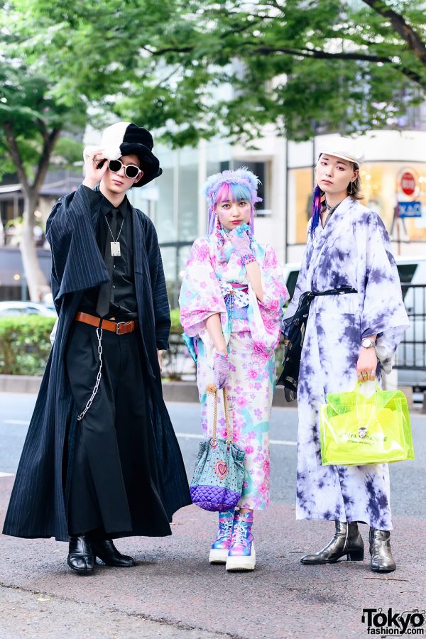 Japanese Summer Kimono Fashion w/ Unicorn Hair, AnkoROCK Hat, Floral Yukata, LAD Musician, Junya Watanabe, Saint Laurent, Demonia & Maison Margiela Tabi Boots