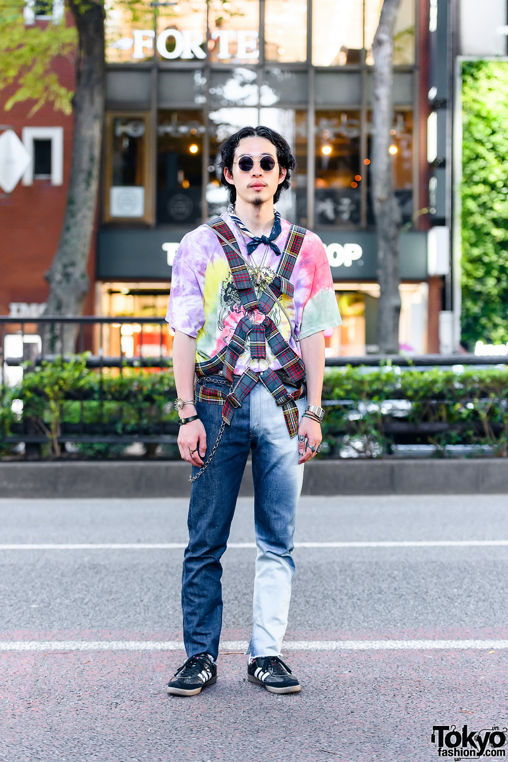 Student in Vintage Fashion w Body Harness Round Sunglasses Tie Dye Shirt Levi s Jeans Al s Attire Crossbody Adidas Samba Classic Shoes and Vintage Casio Watch Tokyo Fashion