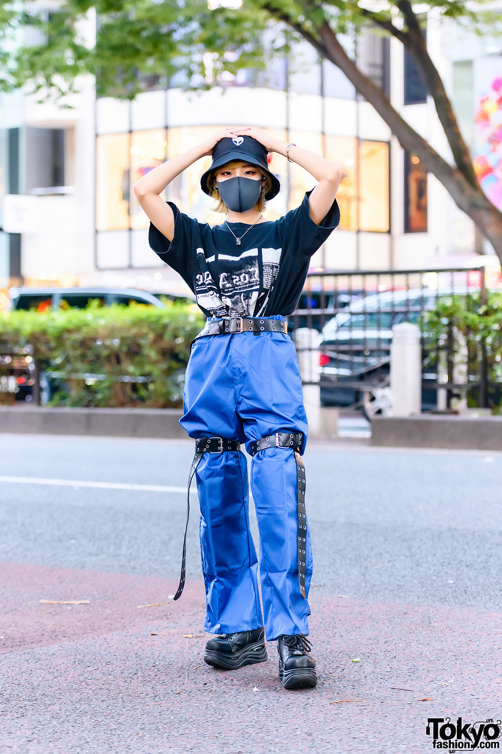 Harajuku Shop Staff w/ Alien Bucket Hat, Bless Accessories, Cote Mer Graphic Shirt, Shiny Pants, Leg Harness Belts & Yosuke Platform Shoes