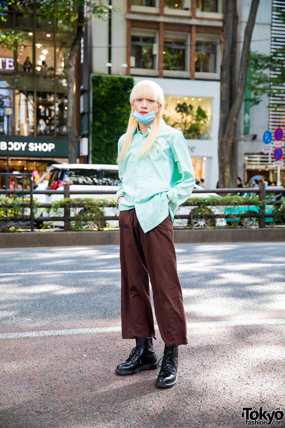 Japanese Mullet Hairstyle in Harajuku w/ Ralph Lauren Shirt, Vintage Pants, Dr. Martens Lace-Up Boots & Silver Jewelry