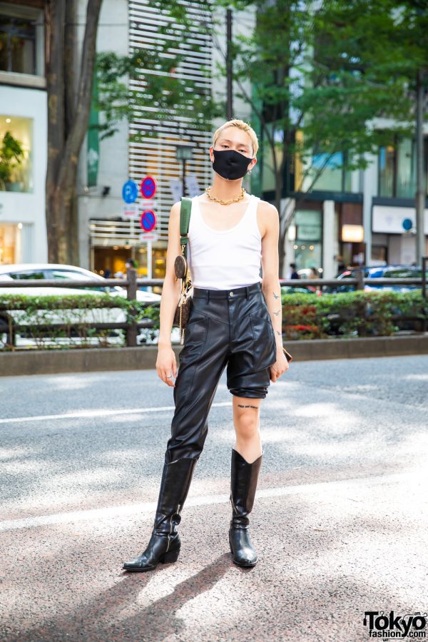 Tokyo Street Style w/ Bleached Hair, Tattoos, Single Hoop Earring, Tank Top, Y Project Leather Half Pants, Louis Vuitton Multi Pochette Bag & Vintage Cowboy Boots
