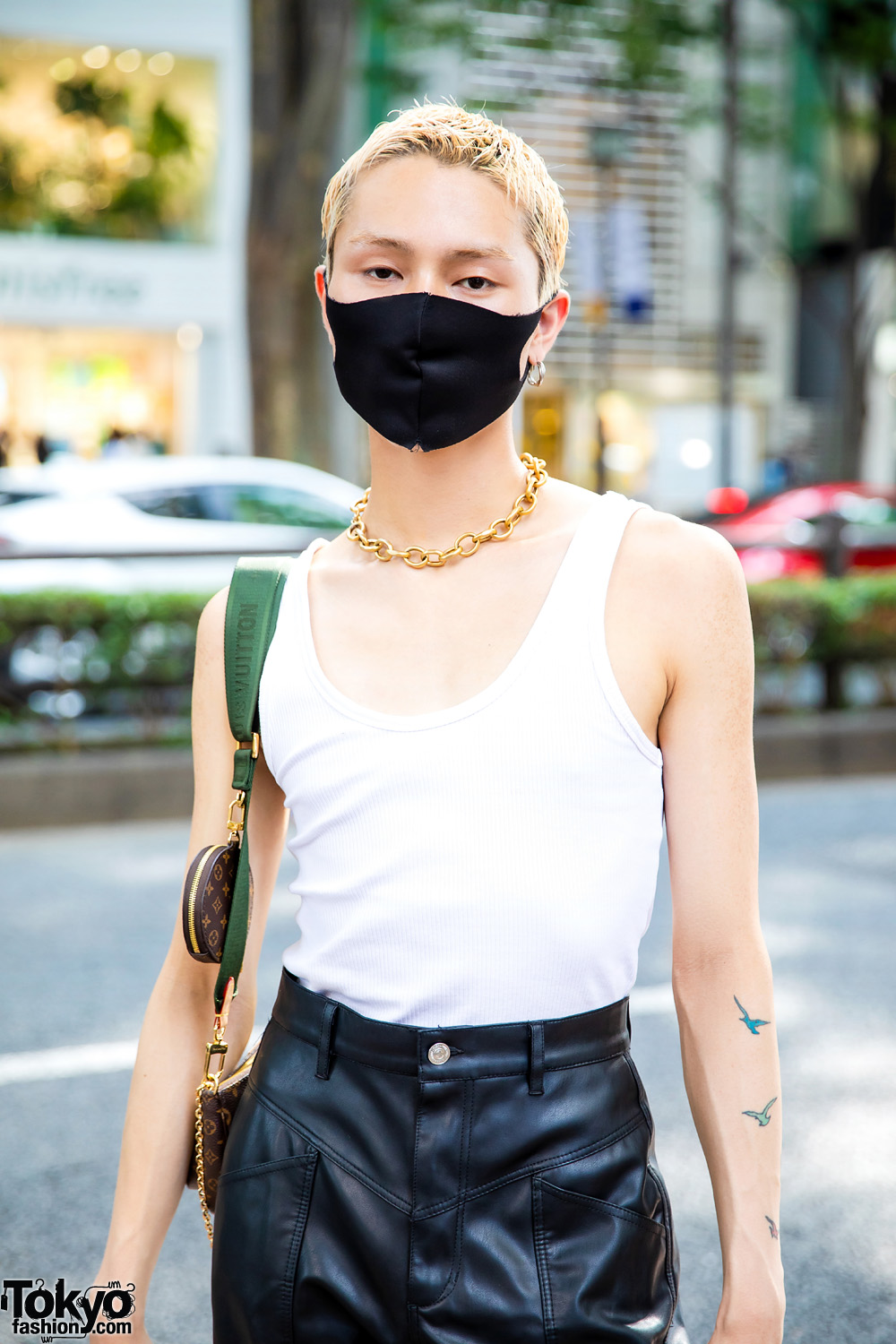 Tokyo Street Style w/ Bleached Hair, Tattoos, Single Hoop Earring, Tank  Top, Y Project Leather Half Pants, Louis Vuitton Multi Pochette Bag &  Vintage Cowboy Boots – Tokyo Fashion