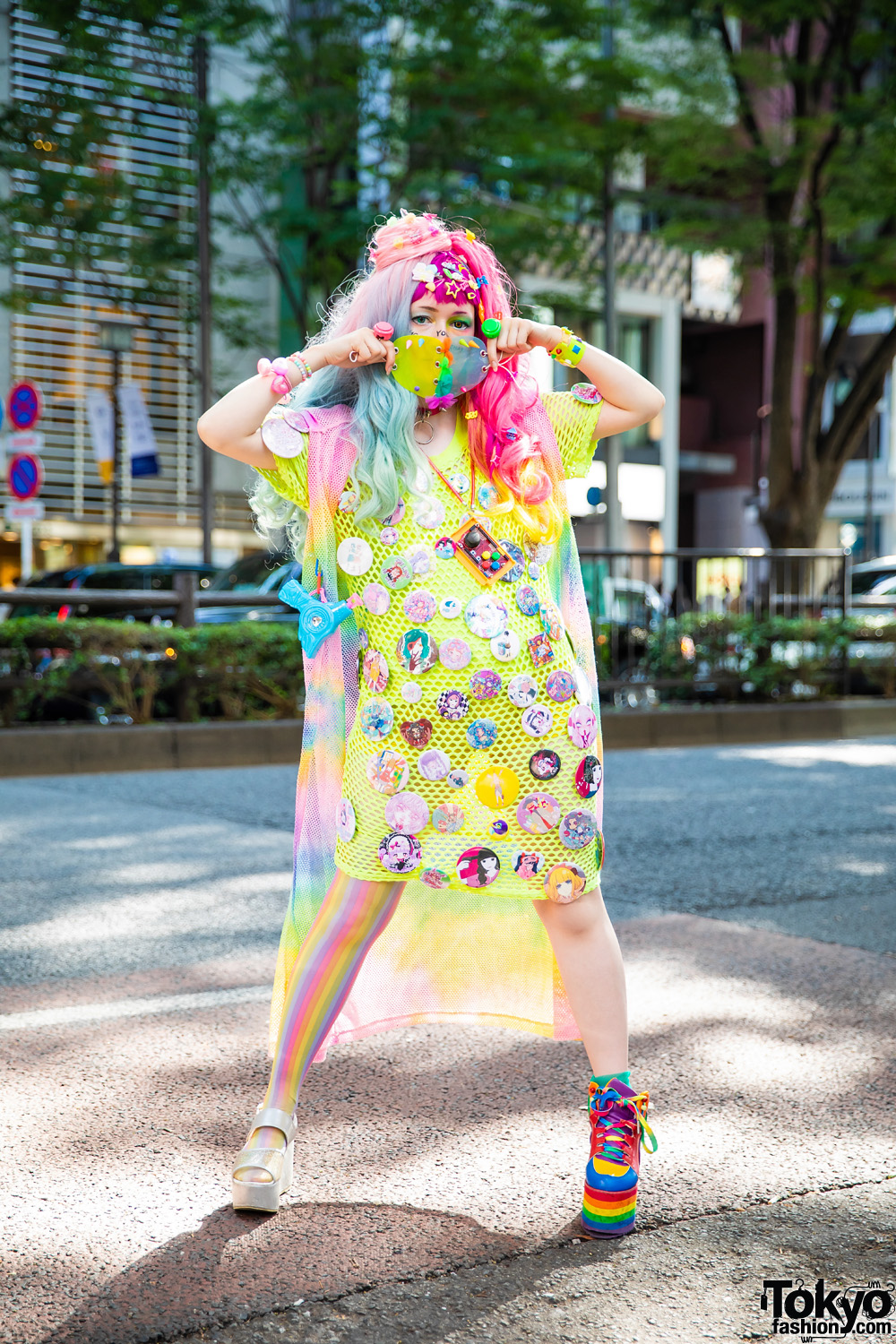 Rainbow Tokyo Street Style w/ Heart-Shaped Mask, Bodyline Wig, Decora Hair Clips, Kohl's Mesh Dress, Hot Topic Half Tights, WEGO, Multiple Badges, Aika Electronics & YRU x CS T&P Platforms