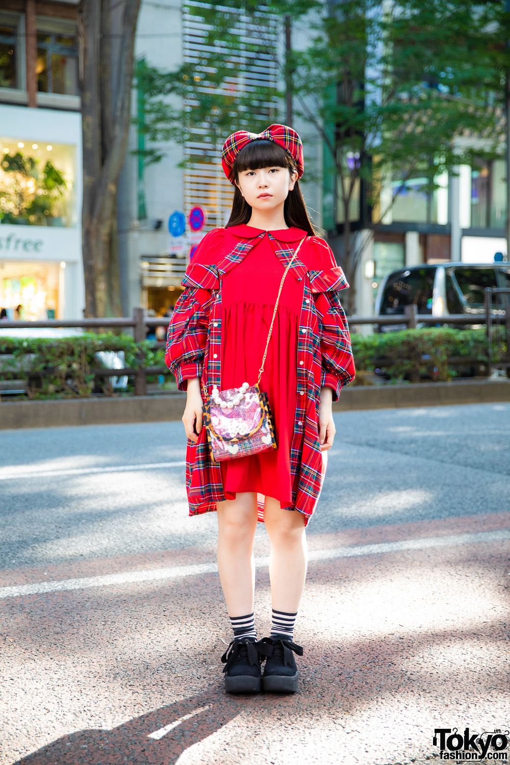 HEIHEI Red Plaid Dress in Harajuku w/ HEIHEI Red Plaid Beret, HEIHEI Butterfly Bag & Tokyo Bopper Platform Sneakers