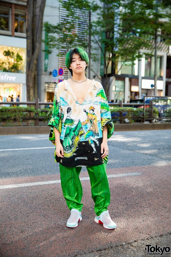 Tokyo Streetwear Style w/ Green Hair, Pinky & Dianne Necklace, Printed Tunic, Patterned Pants & Comme des Garcons Homme Plus x Nike Air Presto Sneakers