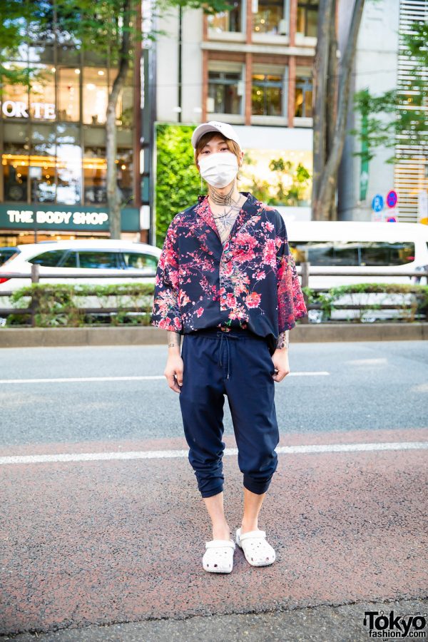 Japanese Host Streetwear Style w/ White Cap, Tattoos, Mismatched Earrings, Cherry Blossom Shirt, Jogger Pants & Crocs Slip-Ons