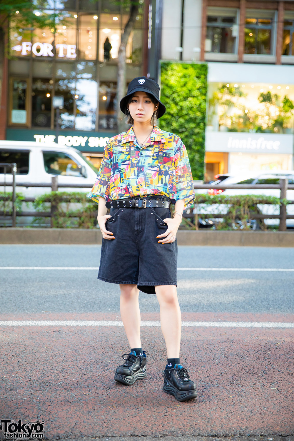 Harajuku Street Style w/ Alien Bucket Hat, Ctenca Multicolor Collared Shirt, M.Y.O.B Denim Shorts, Yosuke Platform Sneakers & Bless Accessories