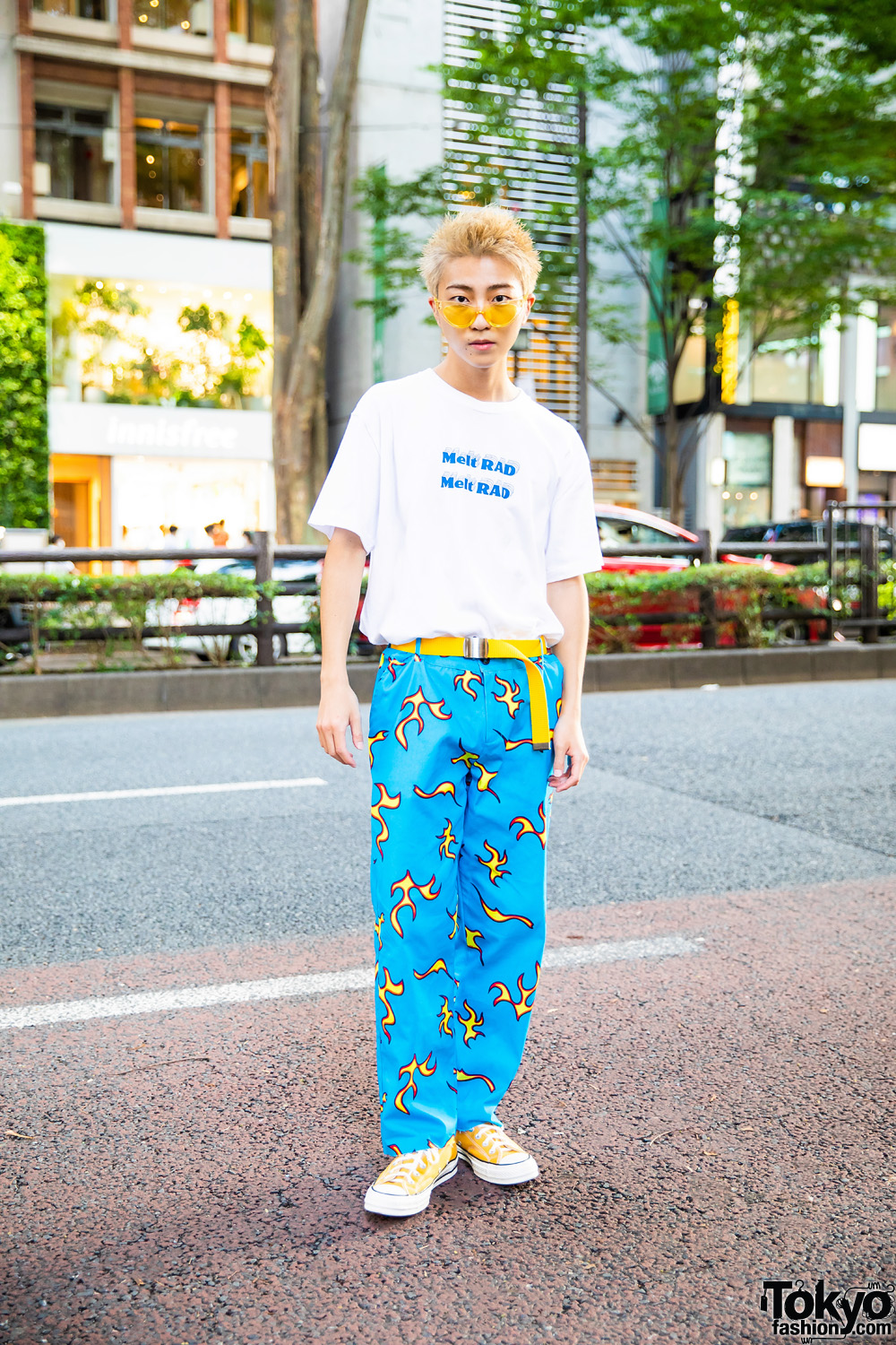Harajuku Guy in Casual Street Style White Printed RAD Shirt, Golf Wang Flame Pants, Yellow Belt & Converse Sneakers – Tokyo