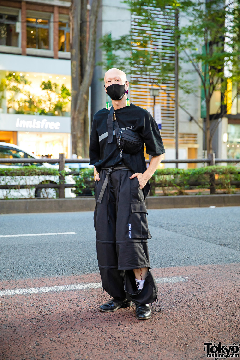 All Black Harajuku Street Style w/ Bull Horn Earrings, Bizenart Face Mask, Liebherr Earrings, Balenciaga Watch, Mixdo Convertible Pants & Loake Chelsea Boots