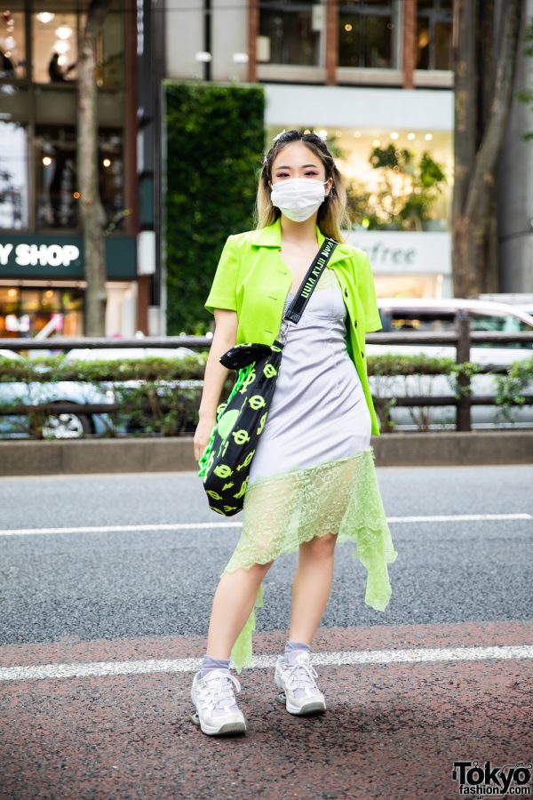 Harajuku Girl’s Resale Streetwear Style w/ Butterfly Hair Clips, Collared Blouse, Satin Slip Dress, No Dress Crossbody Bag & Z-Coil Sneakers