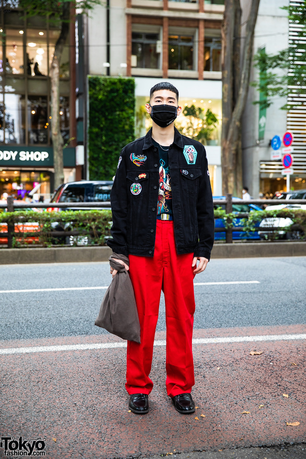 Harajuku Streetwear Look w/ Black Face Mask, Levi's Denim Jacket, Resale Fashion, & Leather Loafers