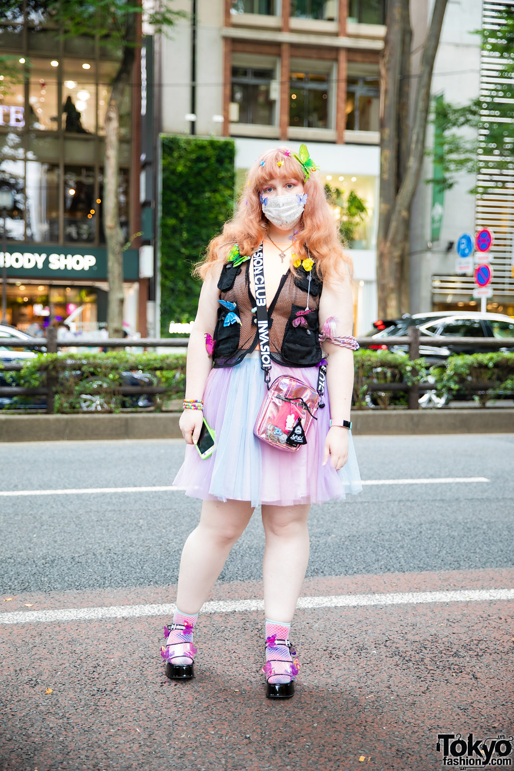 Harajuku Pastel Street Style w/ BT21 Face Mask, Handmade Butterfly Clips, Mesh Utility Vest, Tulle Skirt, Invasion Club Bag & Sugar Thrillz Sandals