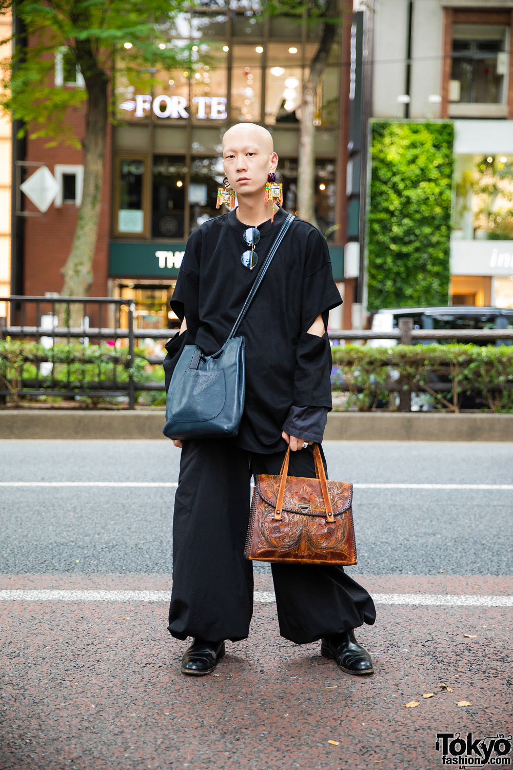 Musician/Model in All Black Fashion w/ Prologue-G Long Sleeves, Depression Balloon Pants, Loake Leather Shoes, Vintage Bags, Balenciaga Accessories & Handmade Earrings