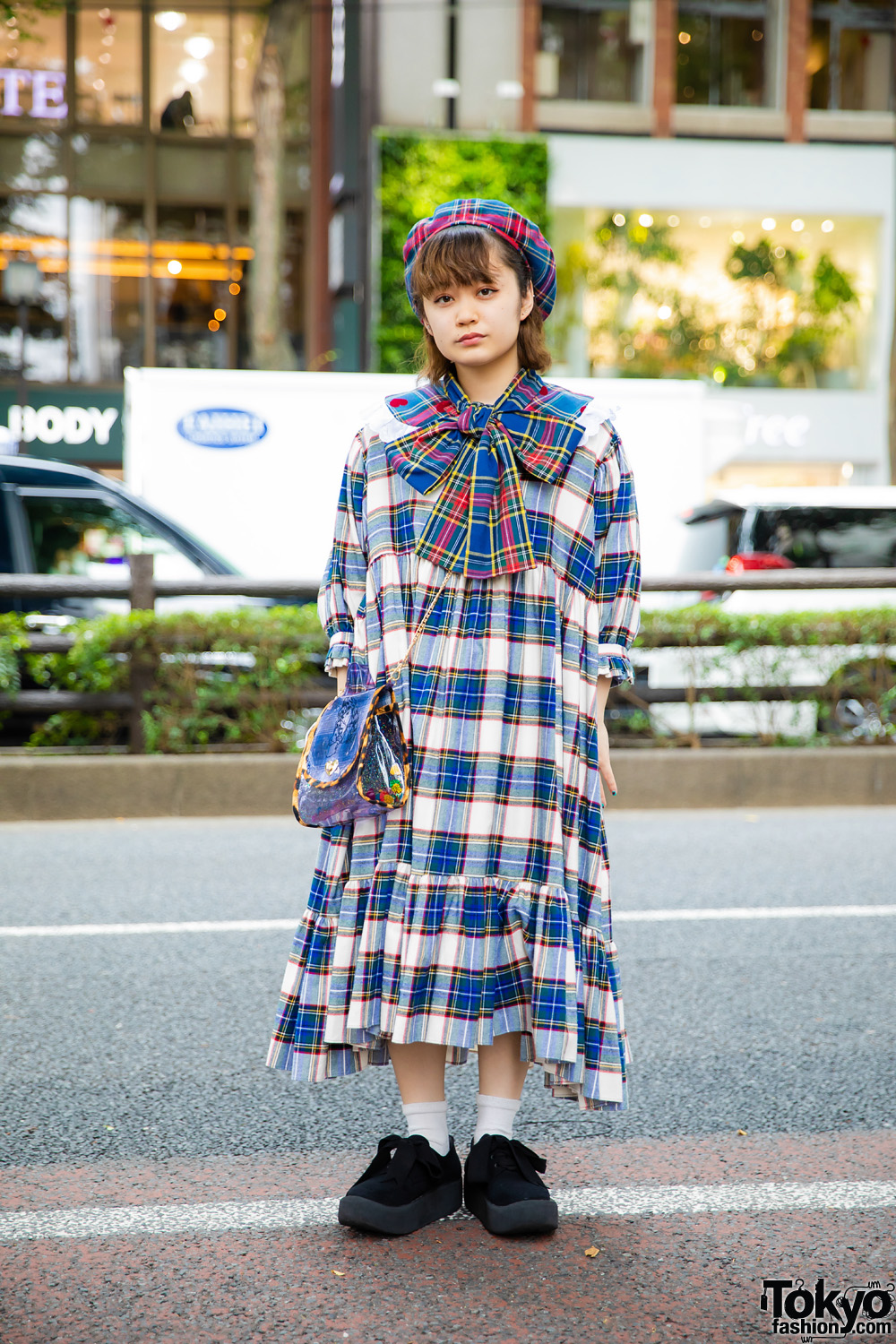 Harajuku Girl in All Plaid HEIHEI Fashion w/ HEIHEI Plaid Dress, Detached Plaid Collar, Plaid Beret, Crossbody Bag & Tokyo Bopper Bow Shoes
