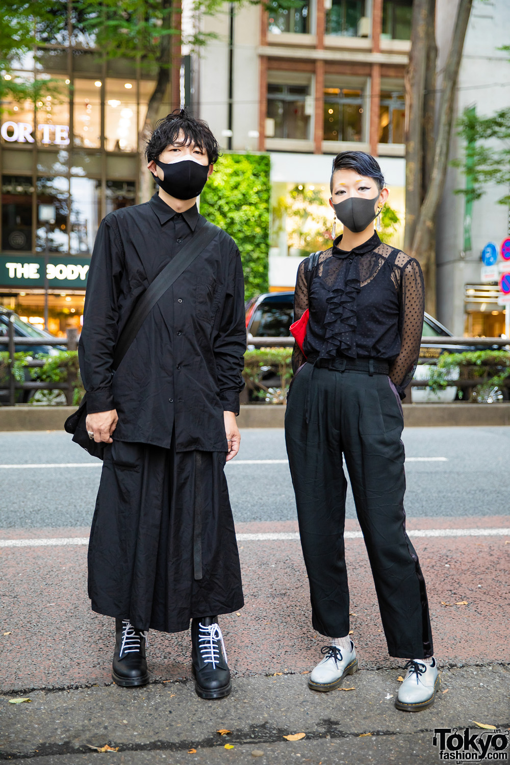 Japanese Duo All Black Street Styles w/ Undercut Hair, B Yohji Yamamoto, Sheer Polka Dot Blouse, Belted Trousers, Ground Y, Vivienne Westwood, Crazy Pig Designs, Chrome Hearts & Dr. Martens x Sex Pistols 1460 No Future Slogan Boots