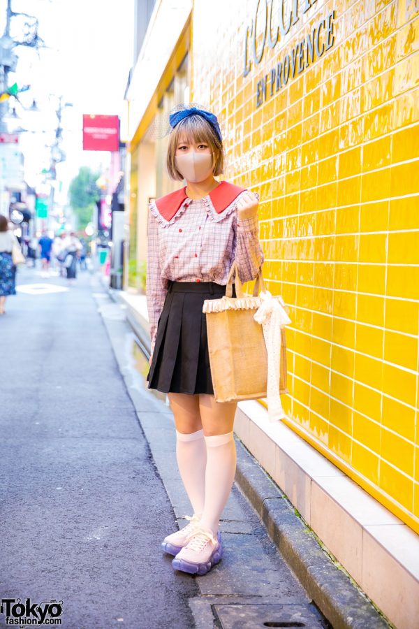 Harajuku Style w/ Fringed Bob, Birdcage Veil, Double-Breasted Plaid Blouse, Pleated Skirt, Woven Tote Bag & Grounds by Mikio Jewelry Sneakers