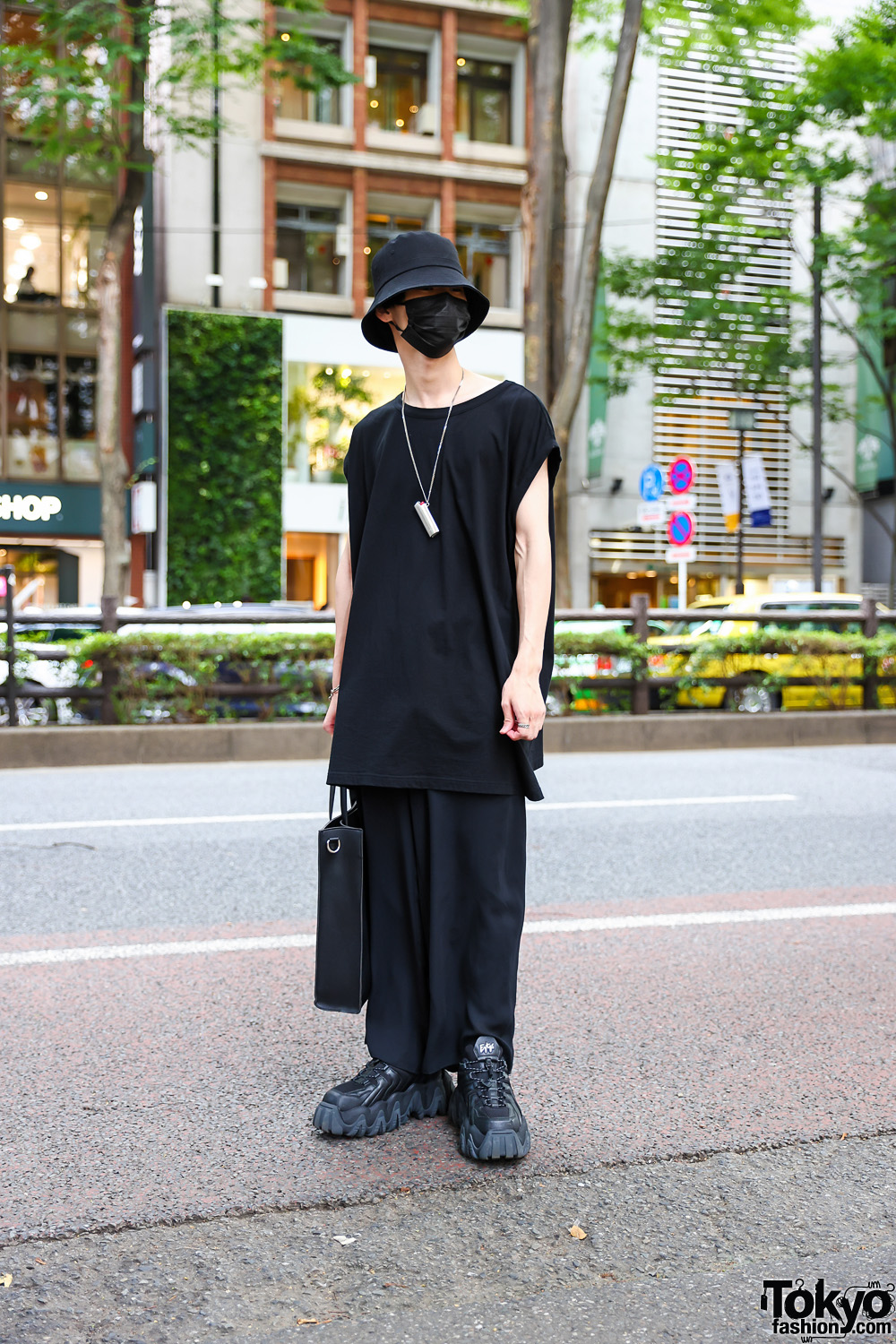 All Black Street Look in Tokyo w/ Bucket Hat, Never Mind the XU Accessories, Ground Y Shirt, Faith Tokyo Monogram Tote & Eytys Ultra Chunky Halo Sneakers