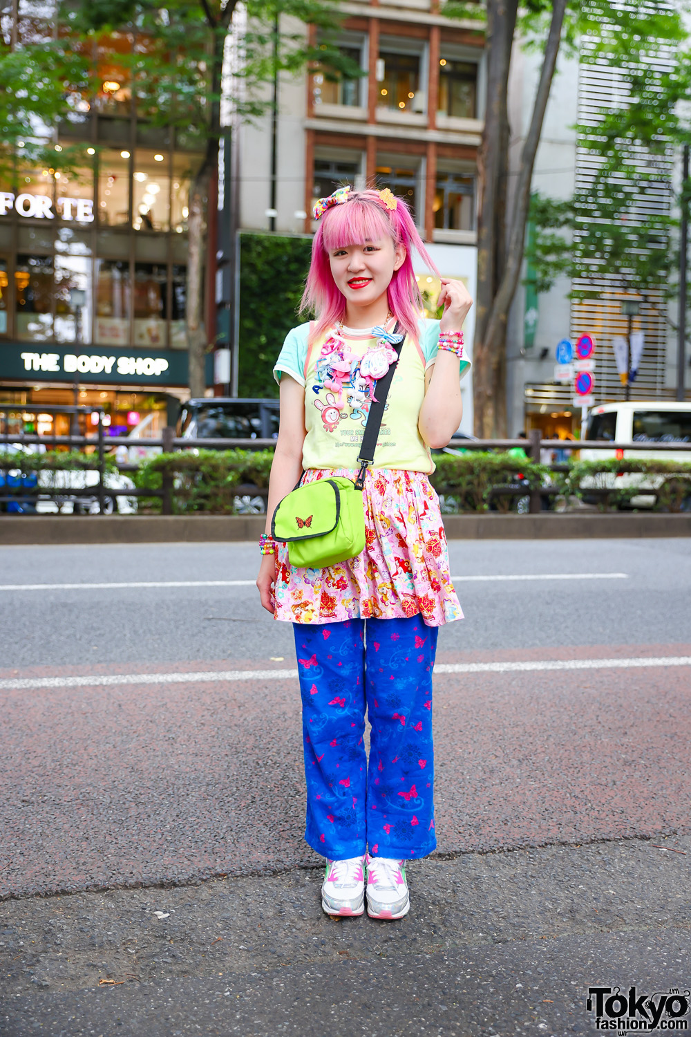Pink-Haired Kinji Staffer in Tokyo w/ Romantic Standard Charm Necklace, Angel Blue Layered Tops, Handmade Disney Princesses Skirt, Savers Butterfly Pants, WEGO, 6%DokiDoki & Nike Sneakers