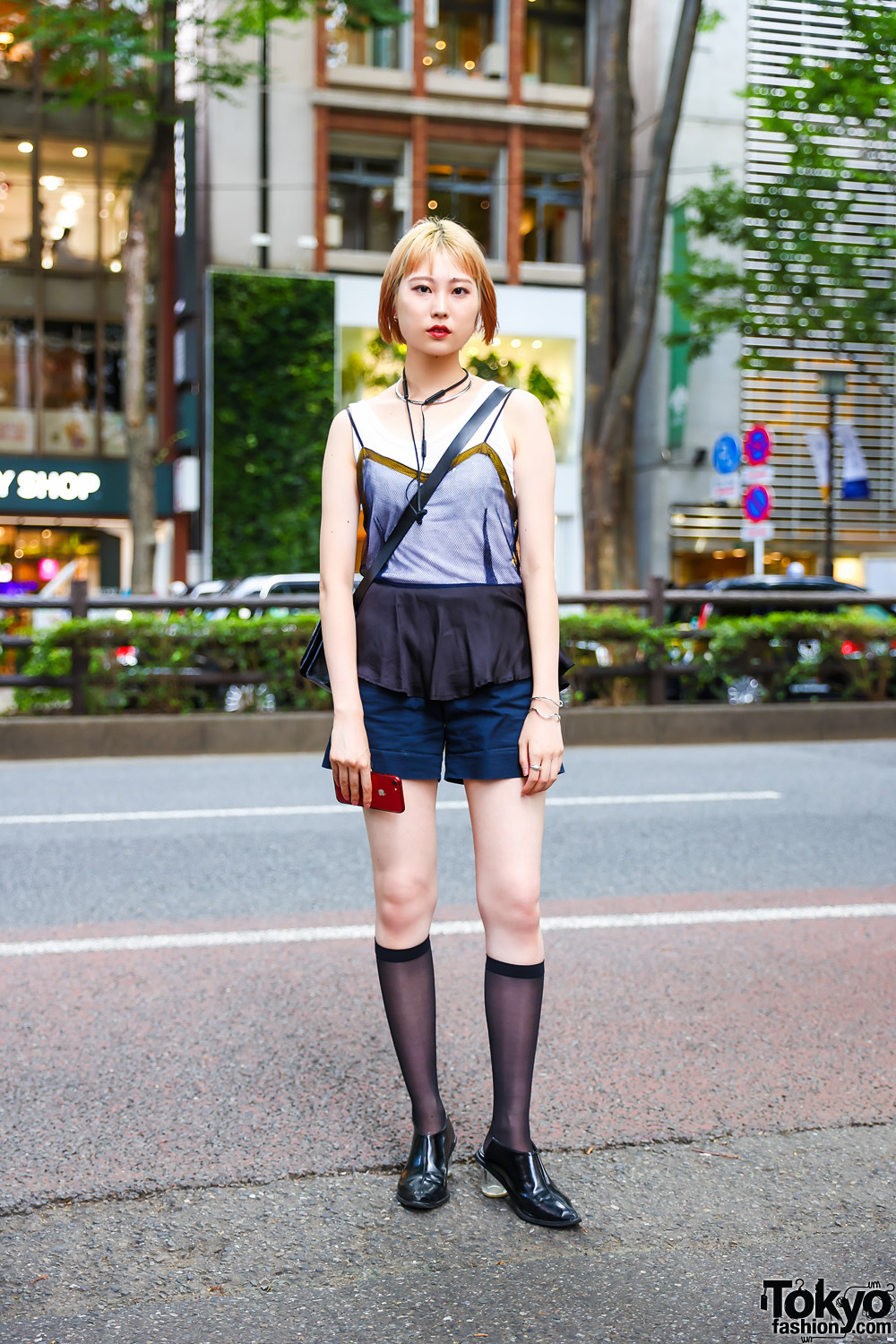 Harajuku Street Style w/ Torque Collar Necklace, Toga Peplum Mesh Top, Tailored Shorts, Leather Sling Bag & Soffitto Pointy Heeled Mules
