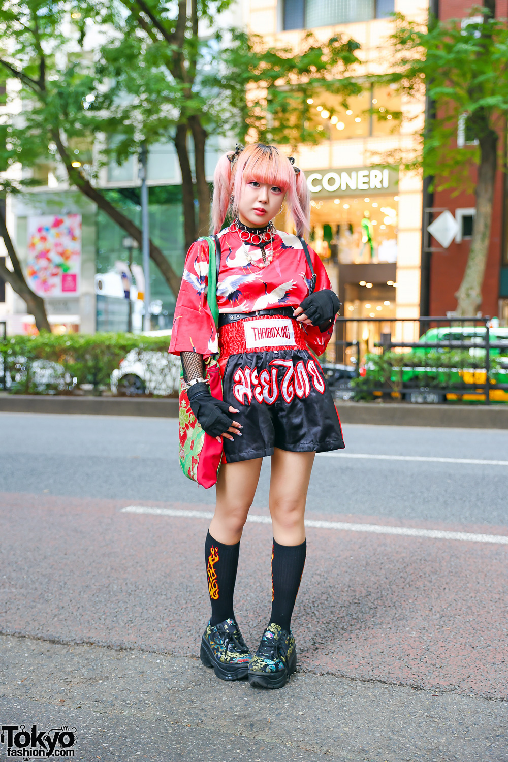 Thai Boxing Shorts Tokyo Street Style w/ Pink Twin Tails, Village Vanguard Japanese Cranes Tunic Top, Handmade Tote, Spinns, Oh Pearl & WC Dragon Shoes