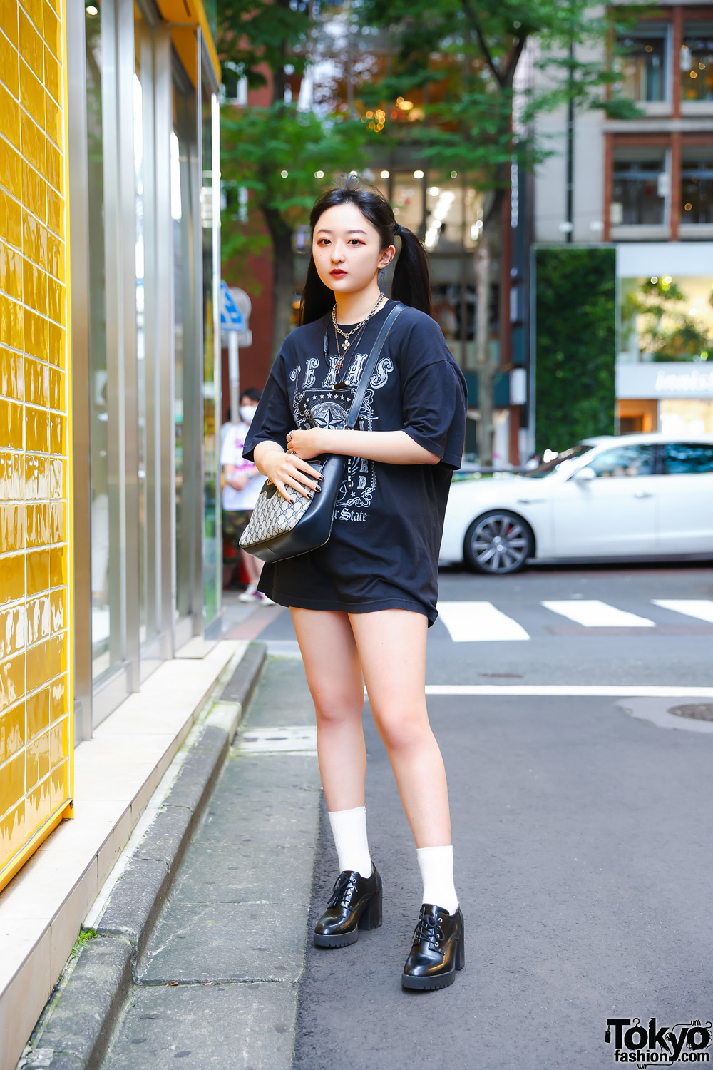 Casual Tokyo Style w/ Twin Tails, Layered Necklaces, Kinji Texas T-Shirt, Gucci Monogram Sling Bag & Zara Heeled Lace-Ups