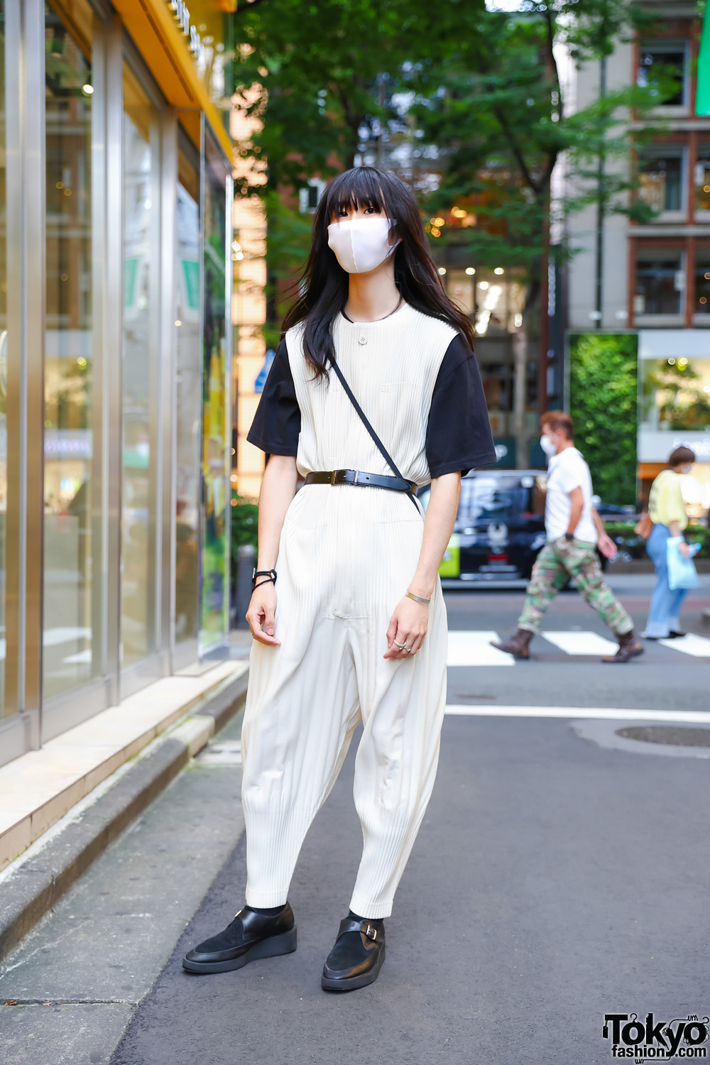 Monochromatic Street Style w/ Homme Plissé Issey Miyake Overalls, Hatra Crossbody Bag, Lad Musician Shoes & Dior, Jil Sander, Tiffany & Co. Accessories
