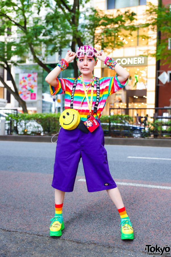 Rainbow Harajuku Fashion w/ Colorful Shaved Hair, Happy Birthday Sunglasses, Statement Suspenders, Peko-chan Neck Wallet, Dickies, Sevens Smiley Face Bag & Yosuke Cutout Shoes