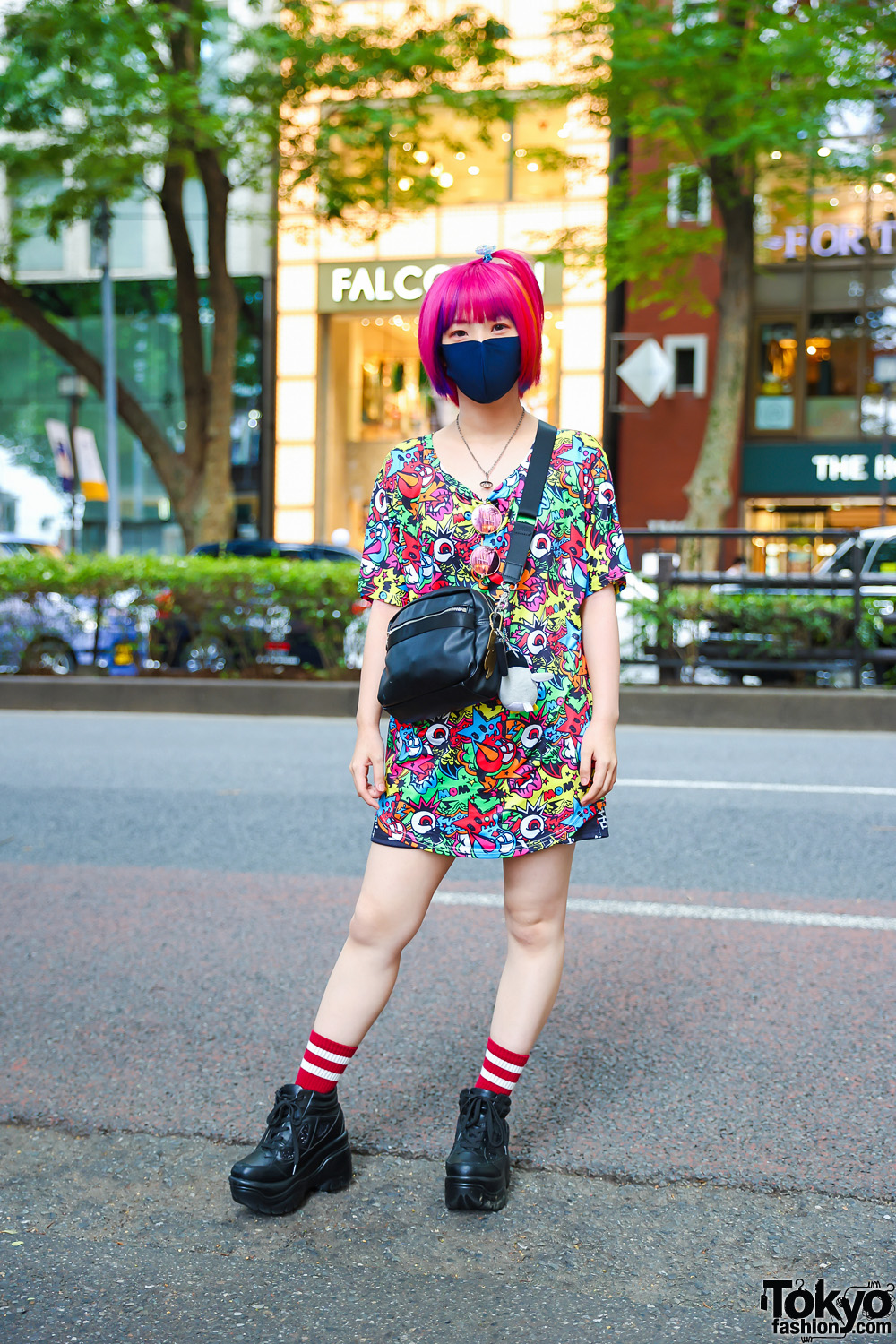 Tokyo Girl w/ Pink Hair in ACDC Rag Printed Shirt, Crossbody Bag, Lace-Up Platform Shoes & Vivienne Westwood Pendant Necklace