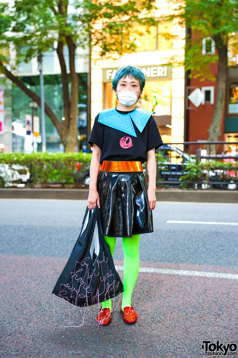 Tokyo Hair Dresser's Eclectic Street Style w/ Teal Hair, Asymmetric Detached Collar, Patent Leather Skirt, Neon Green Tights, GIGINA Bag & Sabine Skarule Loafers