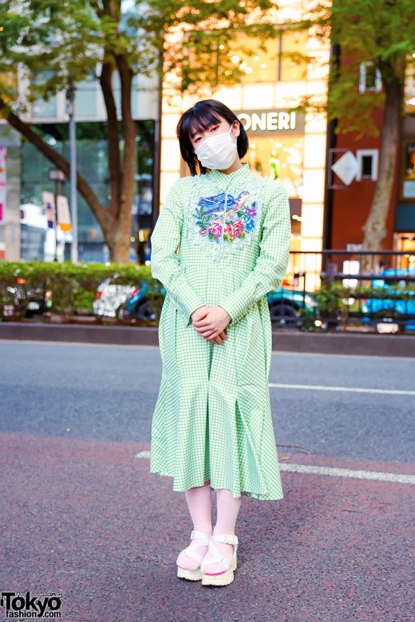 Harajuku Style w/ Fringed Bob, Face Mask, Roma Uvarov Design Checkered Dress & Yosuke Strappy Sandals