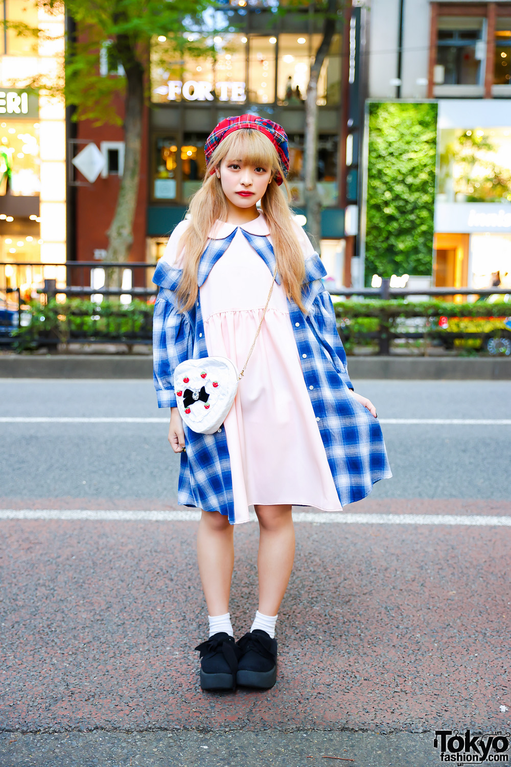 HEIHEI Tokyo Streetwear Style w/ Twin Blonde Tails, Plaid Beret, HEIHEI Babydoll Dress, Quilted Heart Bag & Tokyo Bopper Bow Shoes