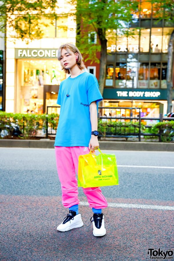 Harajuku Adidas Street Style w/ Flagstuff Anime Shirt, Gosha Rubchinskiy Track Pants, Junya Watanabe x Comme des Garcons Satchel Bag & Alexander Wang Turnout Ball Sneakers