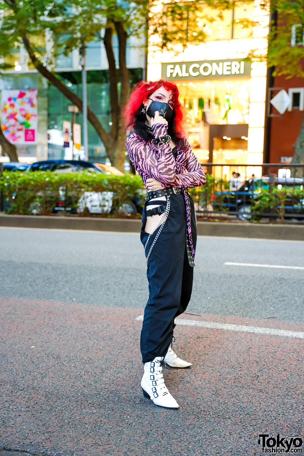 Harajuku Street Style w/ Purple Contacts, Butterfly Makeup, Listen Flavor Mask, Motel Zebra Print Top, High Waist Sexy Cutout Pants, Dolls Kill, Spinns & Strange Cult Pointy Boots