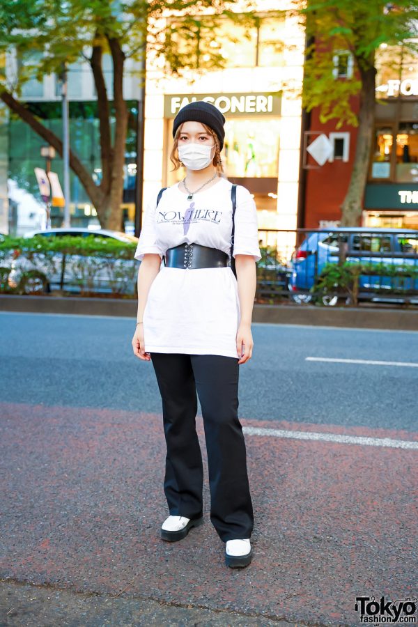 Tokyo Student w/ Corset over M.Y.O.B White Shirt, Une Maision Pants, Forever21 Shoes, Kobinai Backpack, GU & Resale Accessories