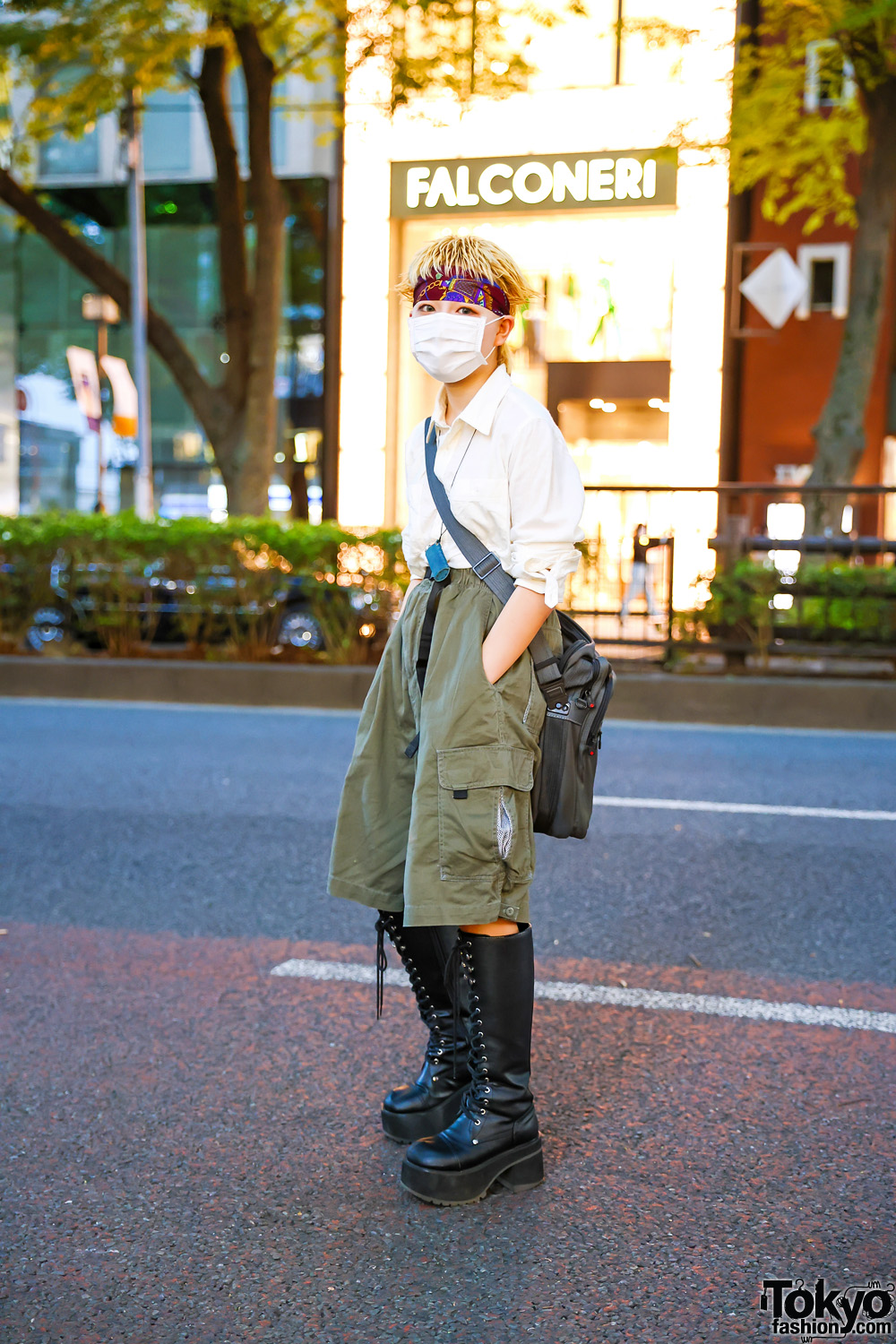Japanese Fashion Student w/ Spiked Hair, Headband, Lighter Holder Necklace, Rolled Sleeves Shirt, Oversized Cargo Shorts, Samsonite Messenger Bag & Demonia Knee Boots