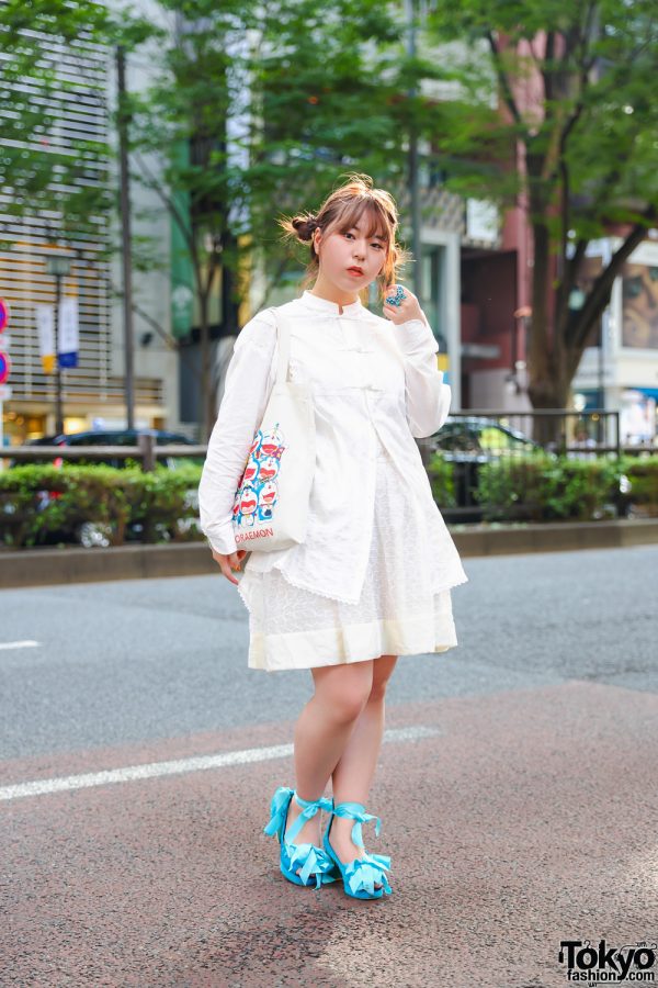All Cream Outfit w/ Doraemon Canvas Tote, Blue Jenny Fax Ribbon Tie Peep-Toe Heels & In Harajuku Blue Butterfly Statement Ring