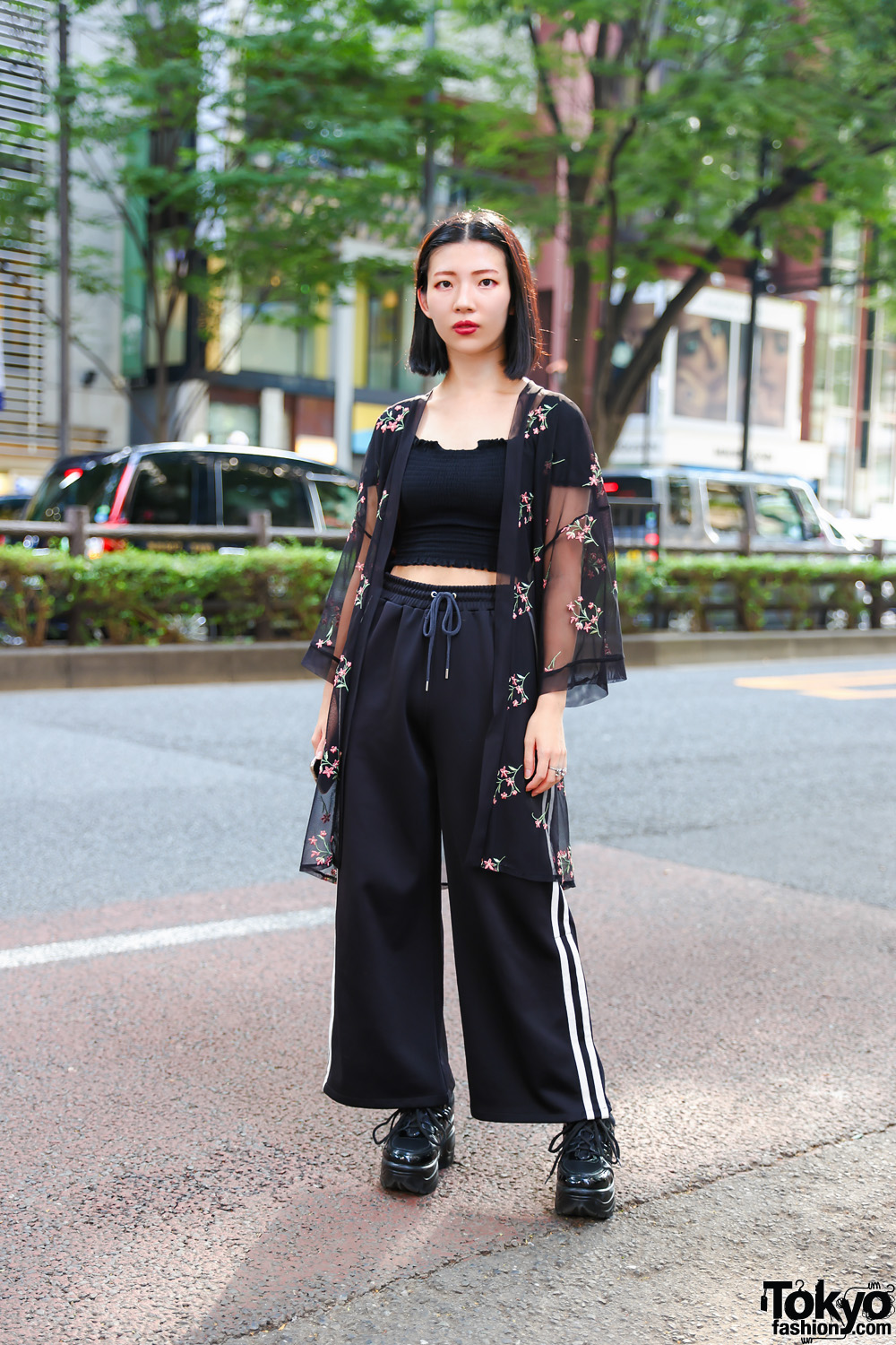 All Black Fashion w/ Crop Top, Sheer Cover-Up, Wide Leg Track Pants & Lace-Up Platform Shoes