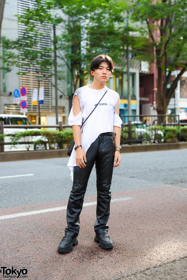 Harajuku  Street Style w/ Art School Cut-Out Shirt, Vintage Leather Pants, Vintage Drawstring Bag, Loafer Shoes & Assorted Accessories