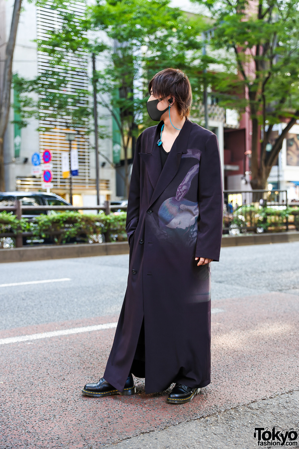 Yohji Yamamoto Street Style in Tokyo w/ Black Face Mask, Yohji Yamamoto Art Print Maxi Coat, V-Neck Shirt & Dr. Martens Boots