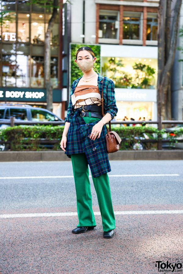 Tokyo Layered Street Style w/ Chanel Scarf Top, Plaid Skirt Suit, Patterned Pants, Handmade Accessories, Textured Leather Bag & Zara Square Boots
