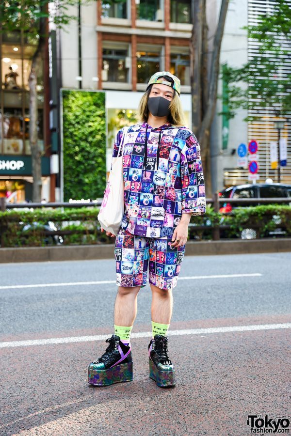 MilkBoy Streetwear Style in Tokyo w/ Iridescent Cap, Hoodie Shirt & Matching Shorts, Neon Socks, Land By Milkboy Tote & YRU Platforms