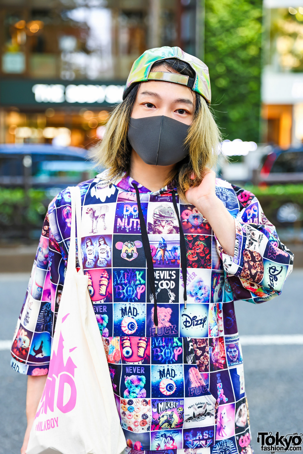 MilkBoy Streetwear Style in Tokyo w/ Iridescent Cap, Hoodie Shirt