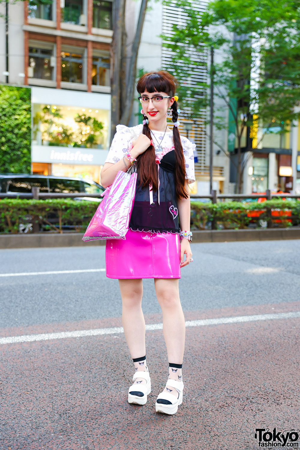 Harajuku Street Style w/ Twin Tails, Lingerie Top, 6%DokiDoki, Candy Stripper, Forever21 Patent Skirt, Vivienne Westwood, WC and White Sandals