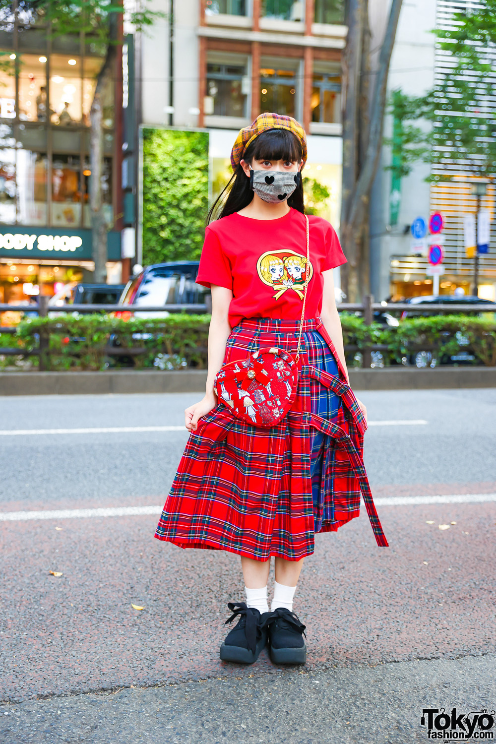 Harajuku HEIHEI Girl in Yellow Plaid Beret, Houndstooth Mask, Character T-Shirt, Plaid Skirt, Heart Bag & Tokyo Bopper Bow Shoes